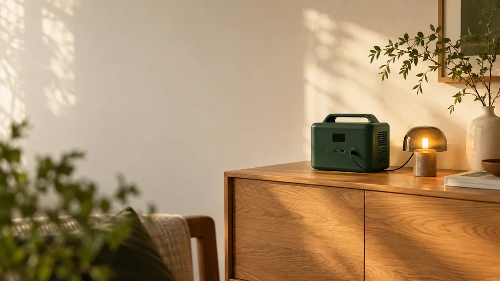 木の家具と小さな照明に囲まれた、電源のある暮らし