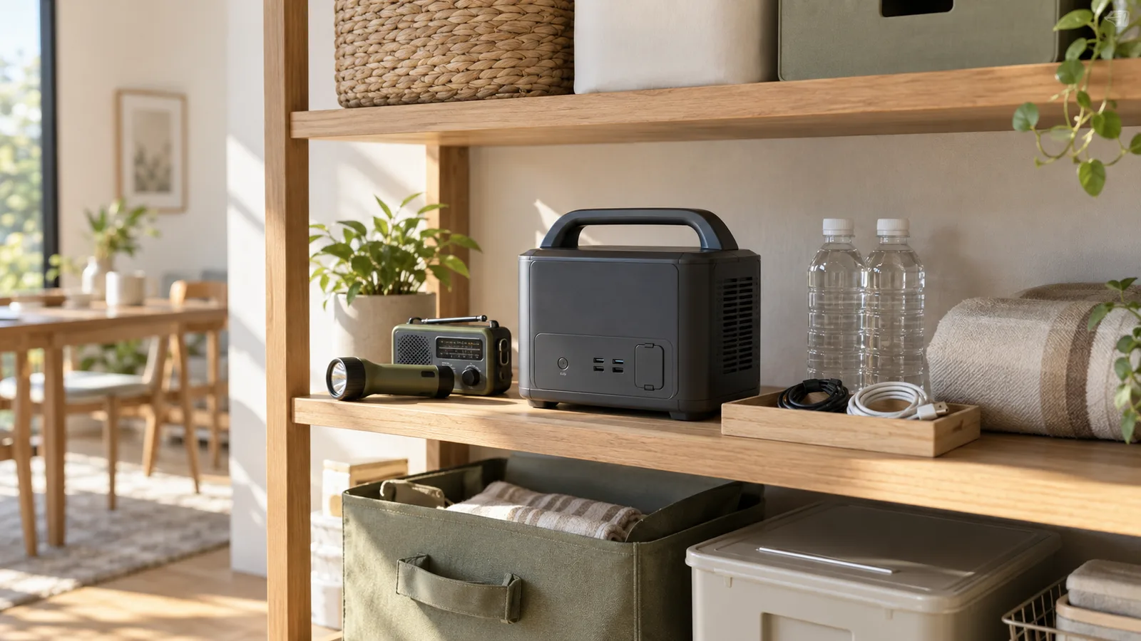 通風のある木製棚に備えた電源と整理された非常用品