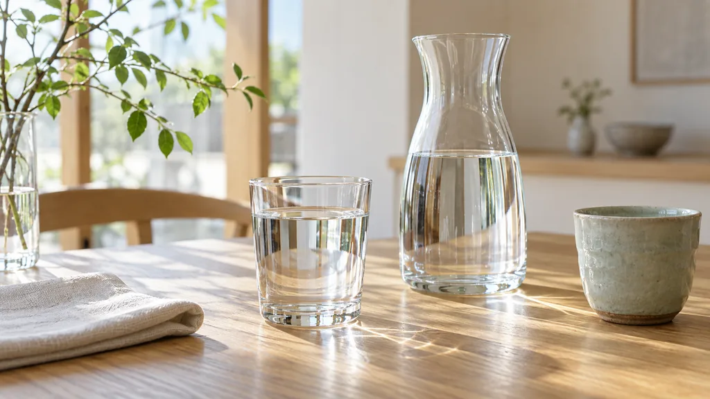 木のテーブルに置いた水のカラフェとグラス